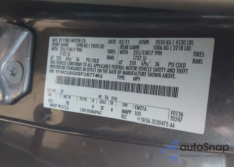 2015 Ford Escape Se из США, поврежденный, VIN 1FMCU0GX8FUB77462